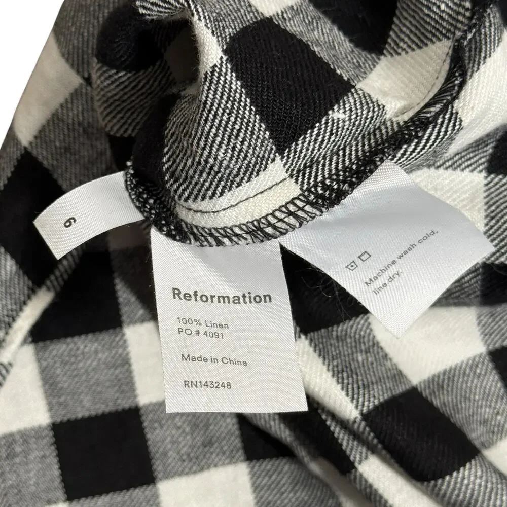 Reformation Hattie Linen Midi Dress Gingham Black White Size 6 Off the Shoulder - Picture 6 of 11
